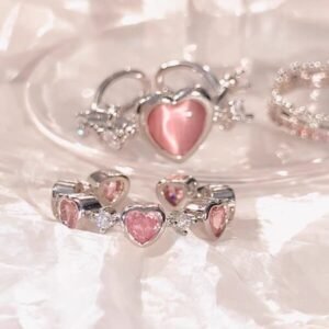 Anillos aesthetic corazones rosados ajustables modelo 1