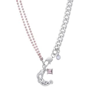 Collar luna de Metal con cadena de piedras fucsias