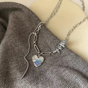 Collar estilo y2k corazón de piedra azul con colgante de cadena