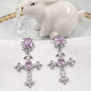 Aretes cruz plateada con piedra rosada en plata modelo 19