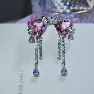 Aretes de punta en plata colección gemas Celestiales corazón y mariposas rosado